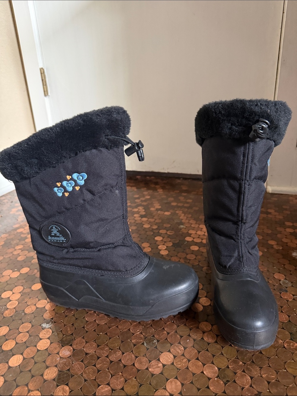 Kamik Black Winter Boots with Blue and Yellow Flower Accent